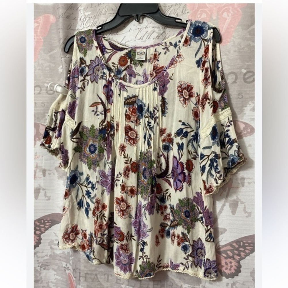 Bila Boho Hippie Cold Shoulder Blouse Top Paisley Floral Cream Purple Pink XXL